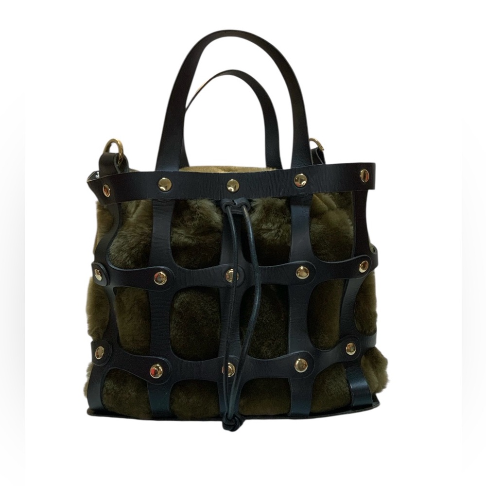 Cuir Rose Black/Green Leather Lamb Cage Basket Weave Tote